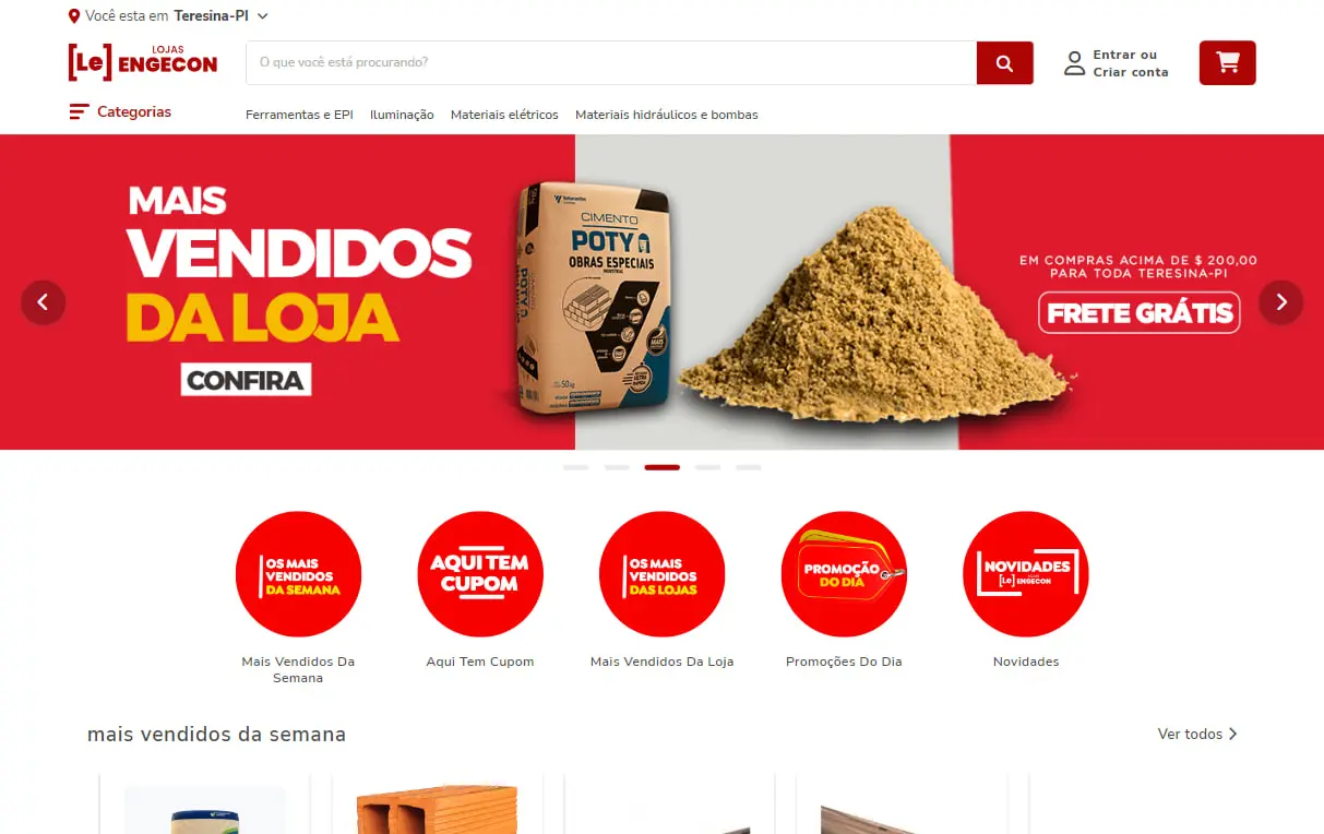 Interface histórica do e-commerce Lojas Engecon